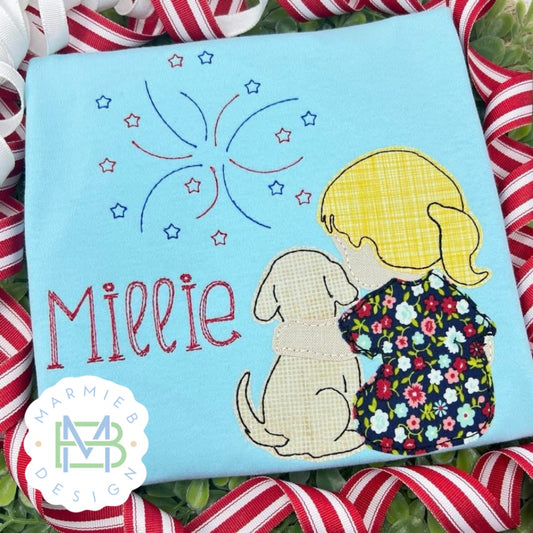 Dog and Boy with Fireworks Applique