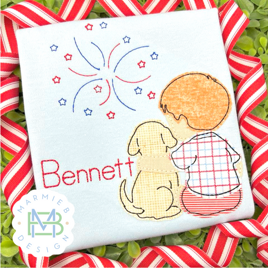 Dog and Girl with Fireworks Applique