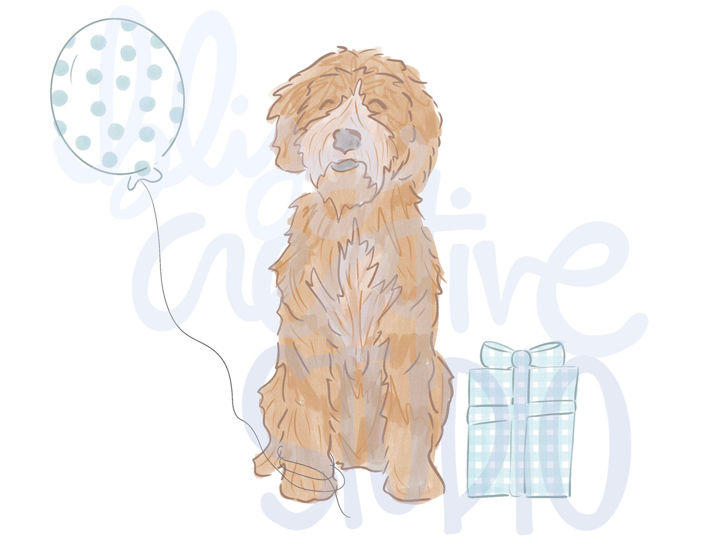 Birthday Doodle Pup with Balloon and Present Digital Clipart- Instant Download