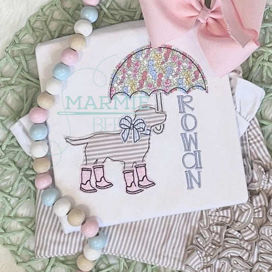 Simple Dog with Umbrella and Bow Applique